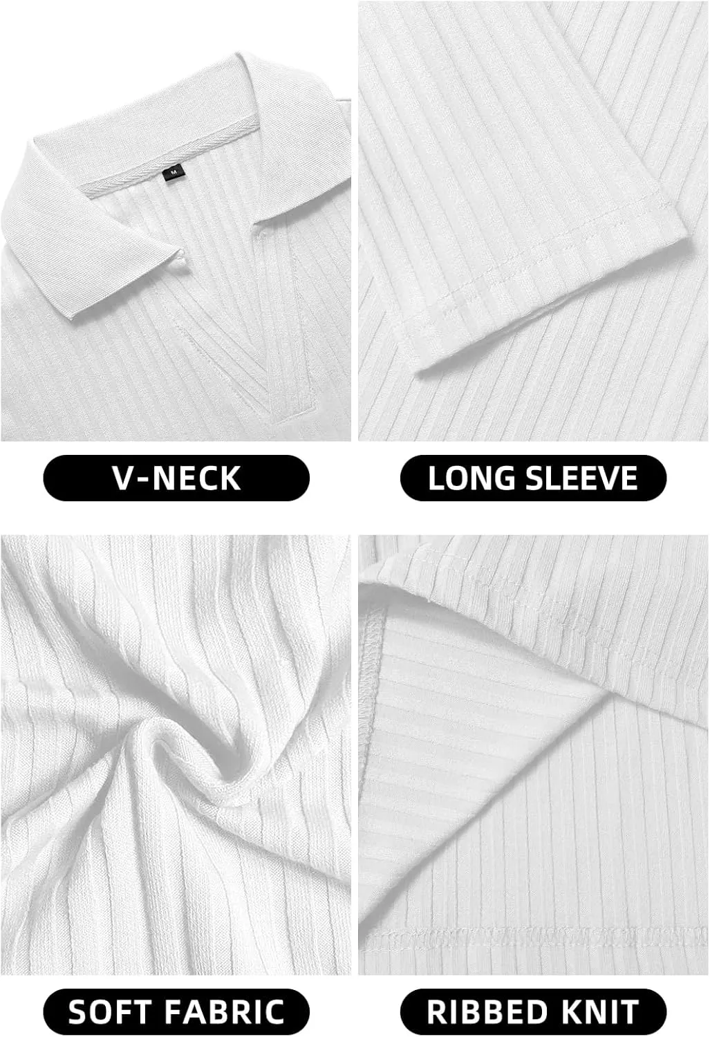 YTD Men's Muscle V Neck Polo Shirts Slim Fit Long Sleeve Golf T-Shirts Ribbed Knit Soft Casual Tees