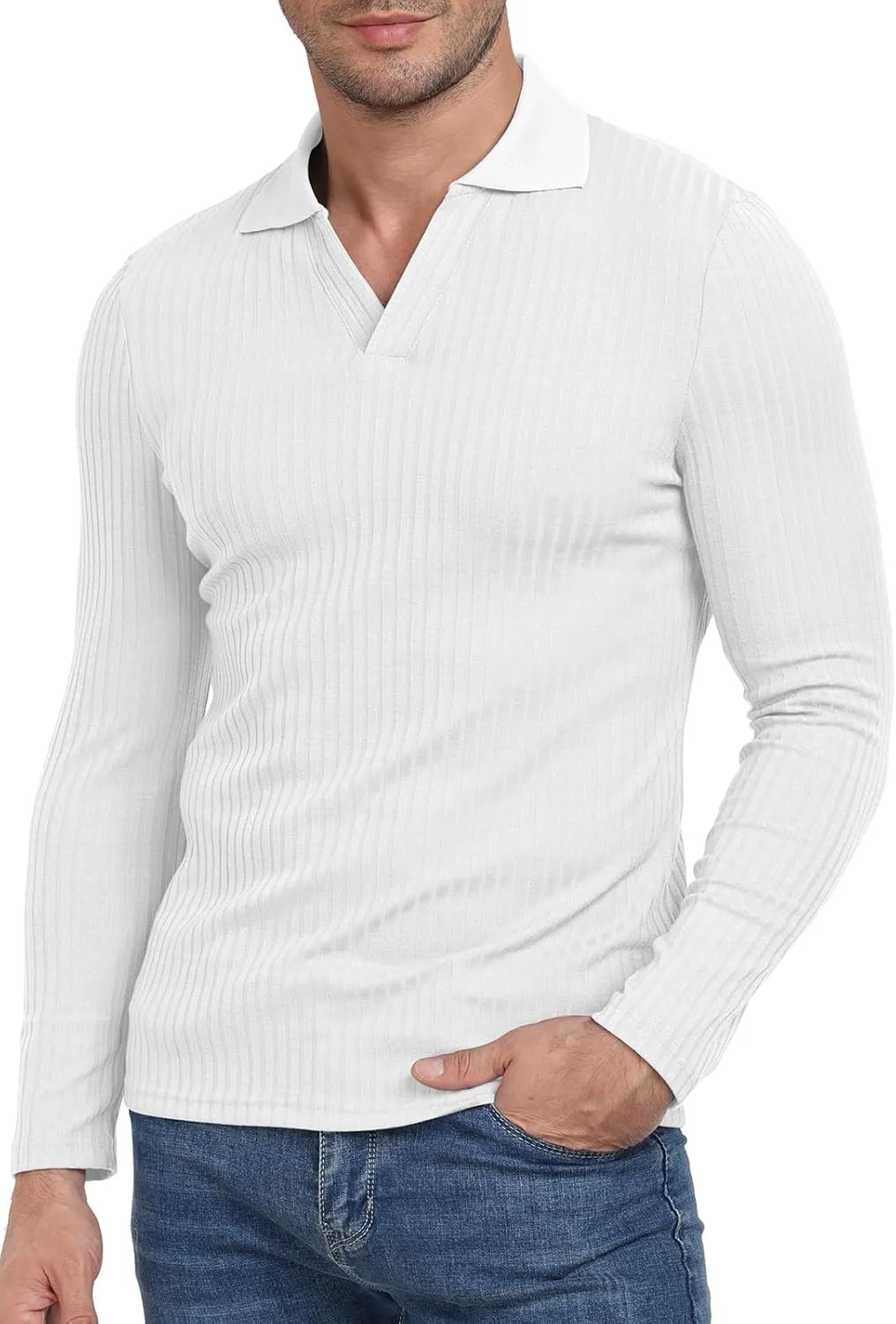 YTD Men's Muscle V Neck Polo Shirts Slim Fit Long Sleeve Golf T-Shirts Ribbed Knit Soft Casual Tees