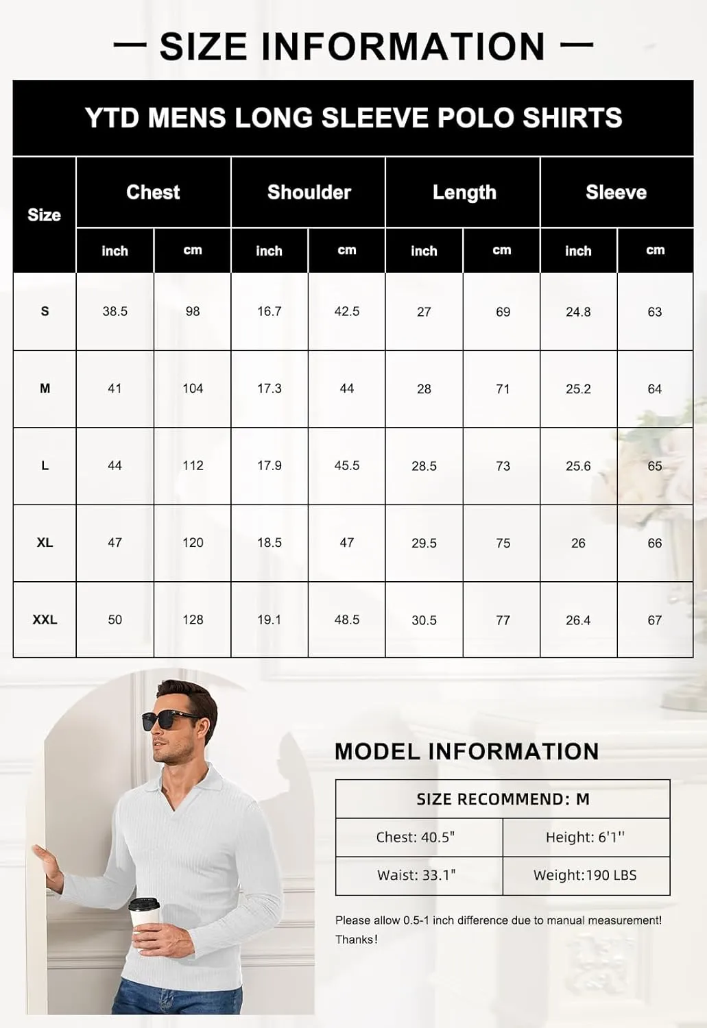 YTD Men's Muscle V Neck Polo Shirts Slim Fit Long Sleeve Golf T-Shirts Ribbed Knit Soft Casual Tees