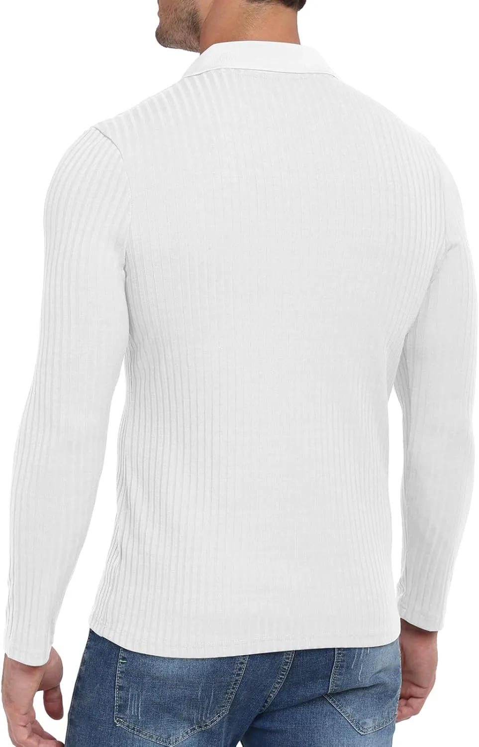 YTD Men's Muscle V Neck Polo Shirts Slim Fit Long Sleeve Golf T-Shirts Ribbed Knit Soft Casual Tees